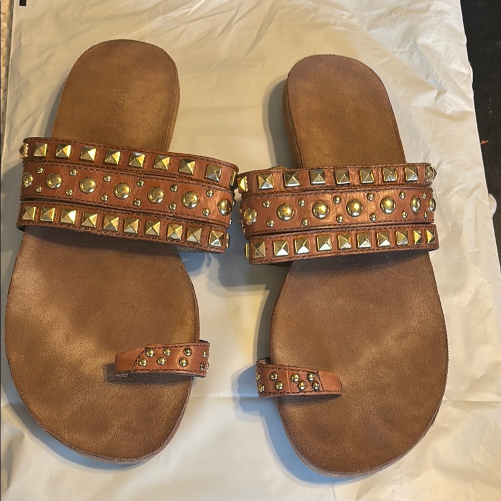 Leather Nicole Brown and Gold Studded Slide-On Sandals 9B